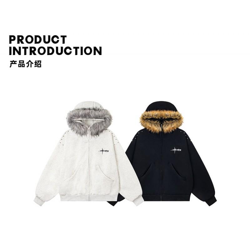 Unisex Oversized Hooded Zip-Up Sweatshirt With Faux Fur Trim Casual Winter Streetwear Top
