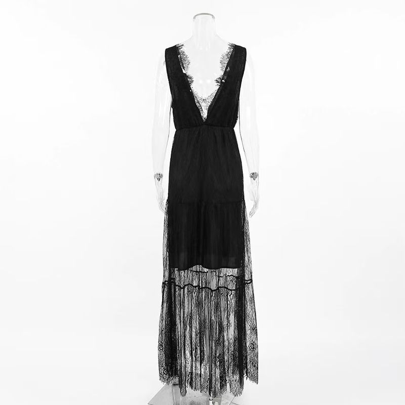 

Fashion New Sexy V-neck Lace Patchwork Mesh Slim Fit Dress Sexy V-neck Lace Dress Black M