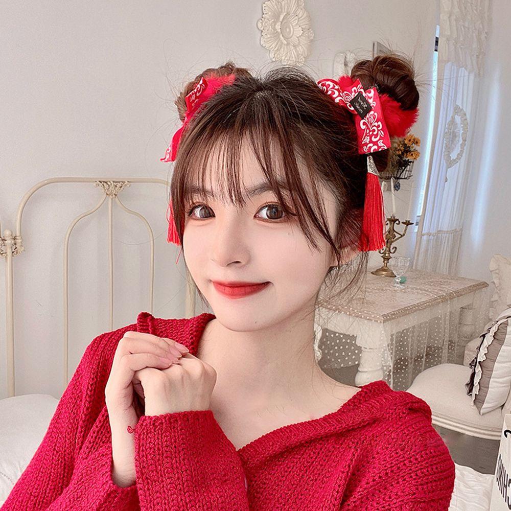 Bowknot Tassel Girls Children's Headwear Plush Hair Rope Duckbill Clip New Year Hair Accessories