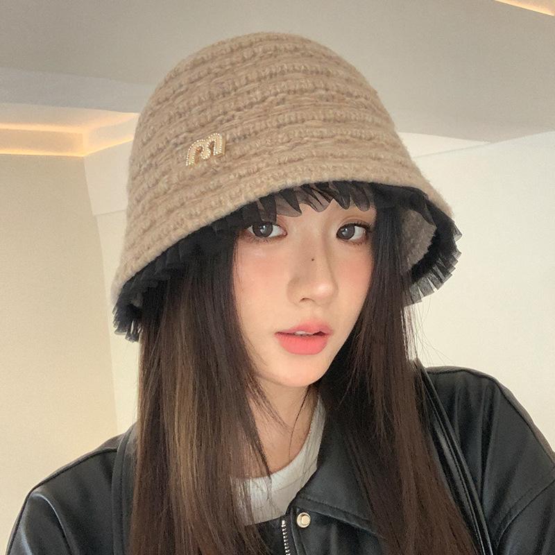 Lace thickened Fisherman's Hat for Autumn and Winter Hat for Women's Casual Big Head Surround Windproof Korean Versatile Warm Hat