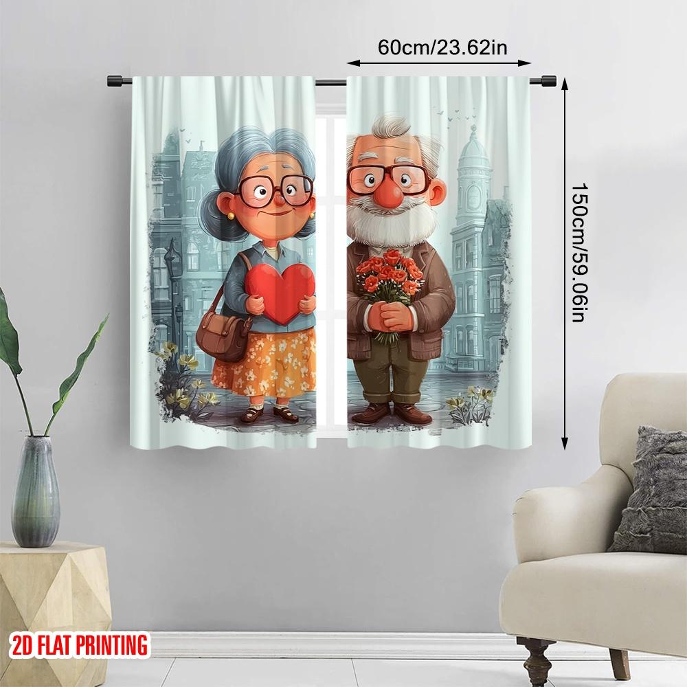2pcs,2D plane printing Curtains Roller Blinds Grandmother and Grandfather Love Story Durable 100% Polyester Fabric (without rod)