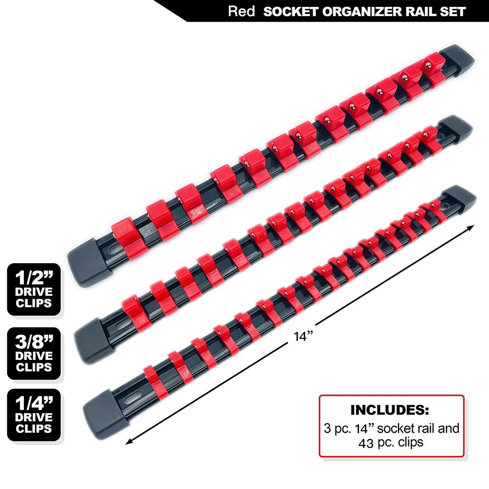

ABS Socket Organizer 1/2 inch 3/8 inch and 1/4 Clip Drive Socket Rail Holders Heavy Duty Socket Racks with Red Blue Black Clips