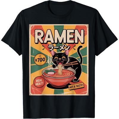 CHJLGODGOOD Anime Cat Ramen Japanese Funny Graphic Y2K Kawaii Cat Gifts T-Shirt