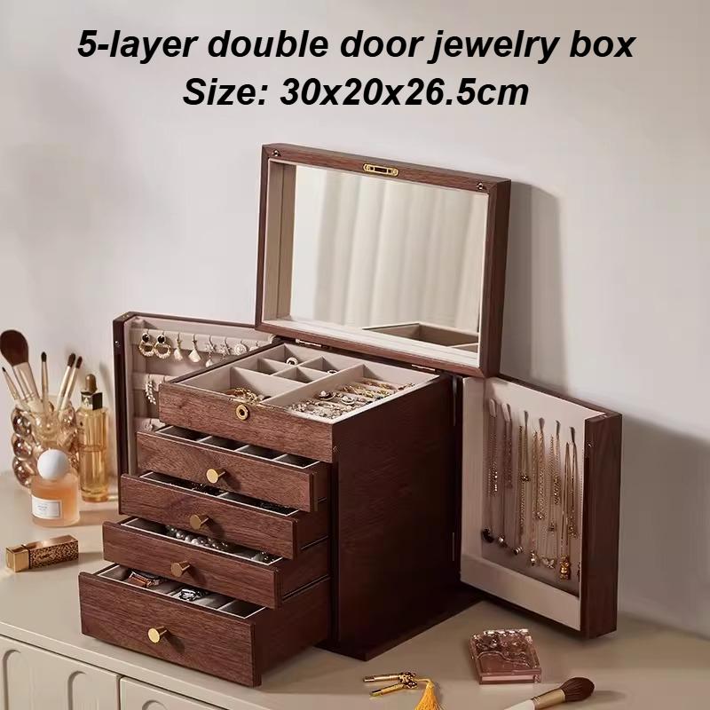 Wood Jewelry Box Large Capacity Earring Necklace Storage Boxes Multiple Drawers Ring Organizer Boxes Retro Jewelry Box with Lock