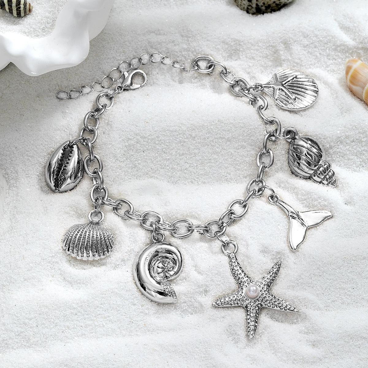 Bohemian Summer Women s Metal Starfish Shell Scallop Mermaid Charm Bangle Beach Vacation Jewelry серебряный