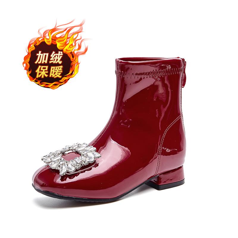 Girls Martin boots 2025 new autumn and winter red leather boots velvet baby boots little girl princess children's short boots