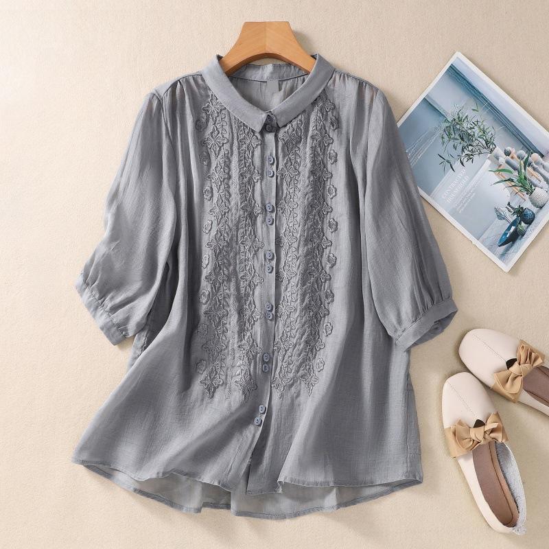 Seven Quarter Sleeve Embroidered Cotton Linen Shirt Women's Artistic Retro Design Sense Top for Spring Summer Shirt