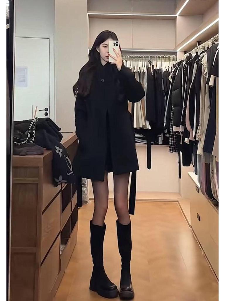 Women's Black Woolen Coat - Autumn/Winter 2025 High-End Casual Slimming Korean Style