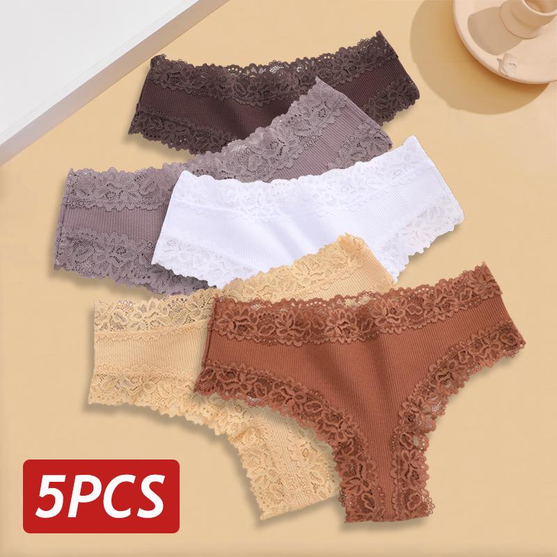 5 STÜCKE/Set Damen Spitze Nahtlose Baumwollslips Sexy Brazilian Hosen Gerippt Atmungsaktiv Mädchen Unterwäsche Weich Übergröße Dessous S-XL