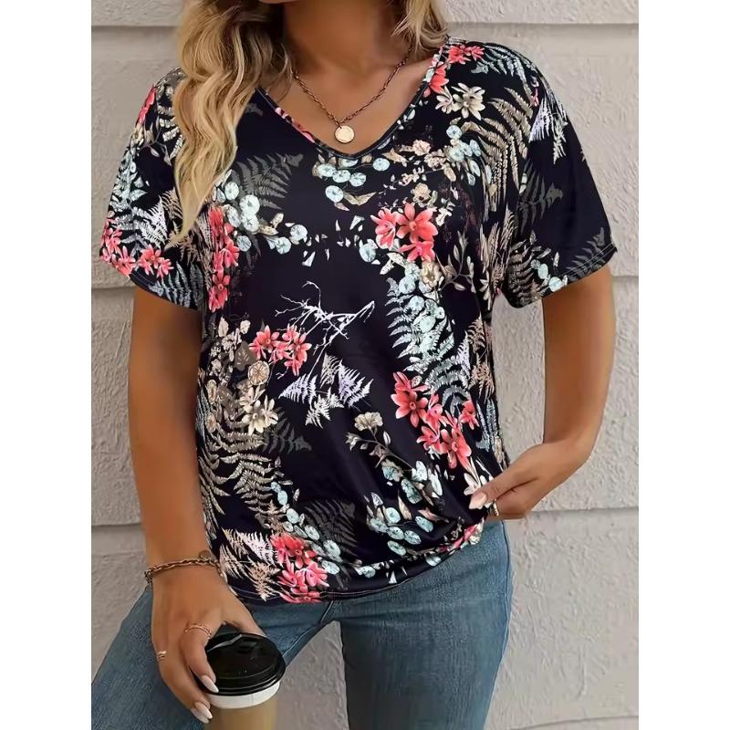 T-shirt Women's Summer Casual Elegant V-neck Short Sleeve Retro Floral 3D Top Loose Casual Wear Ladies T-shirt