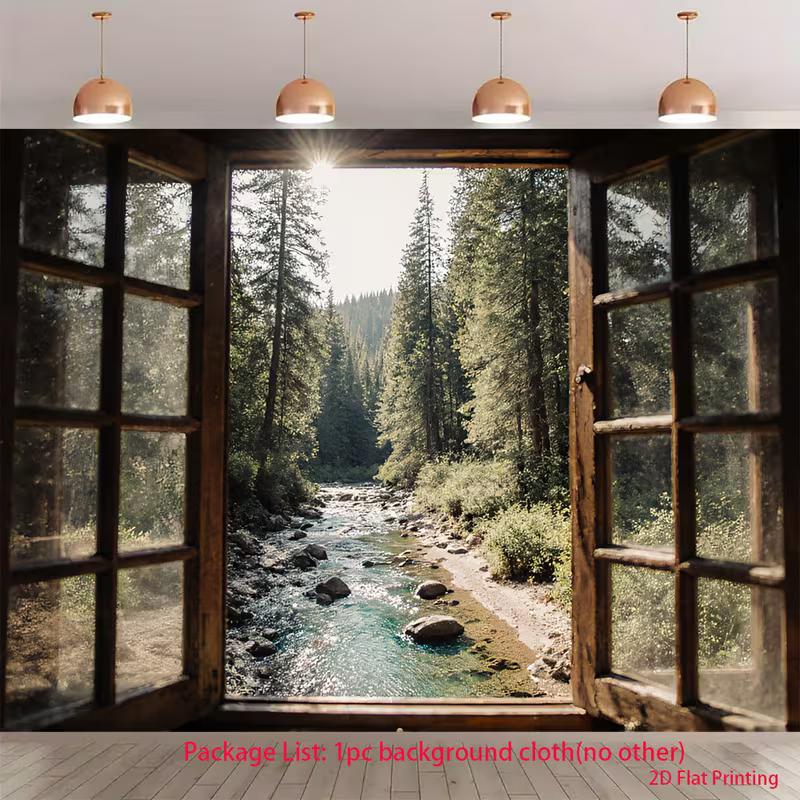 2D Summer Forest Stream View Through Window Live Stream Background Cloth for Vlog 47.2x31.5inch/120*80cm