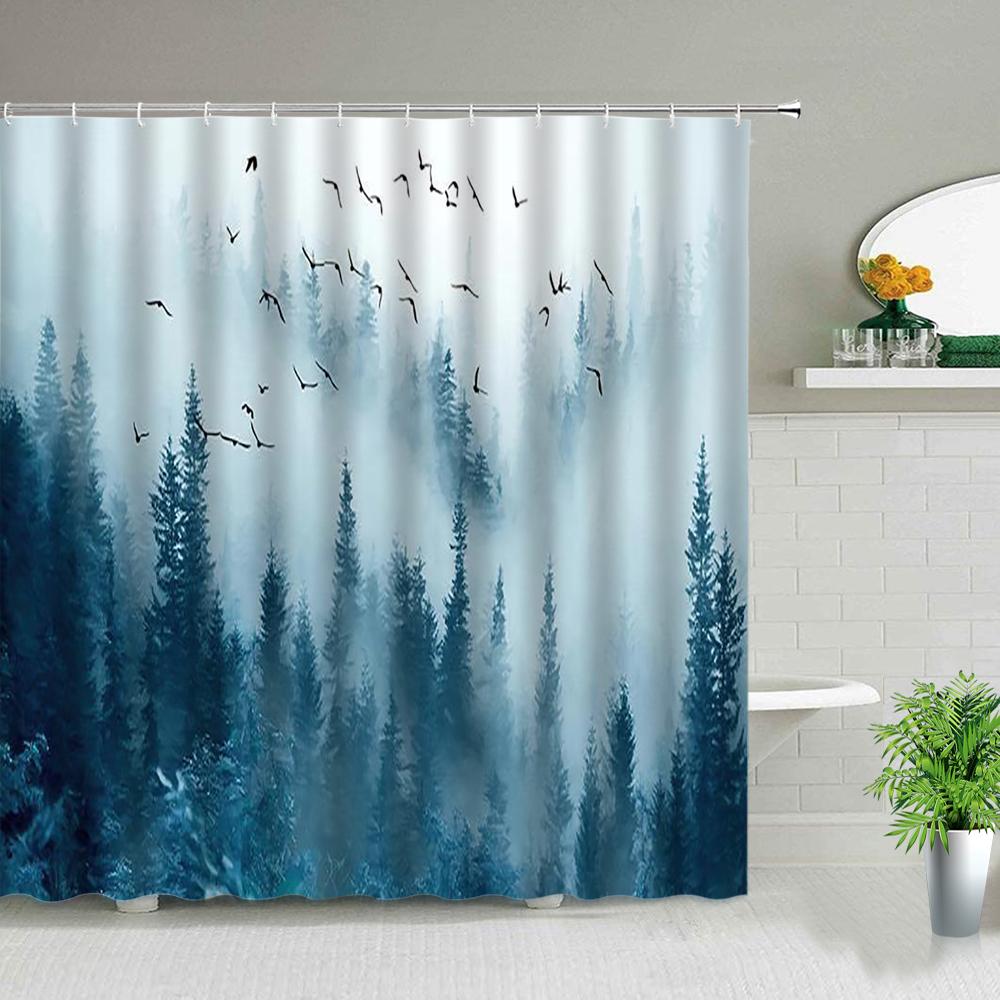 Rideaux de douche Forêt de plantes tropicales vertes Arbre de palmier Fleur Oiseau Feuilles Impression 3D Décor de salle de bain Rideau de bain imperméable