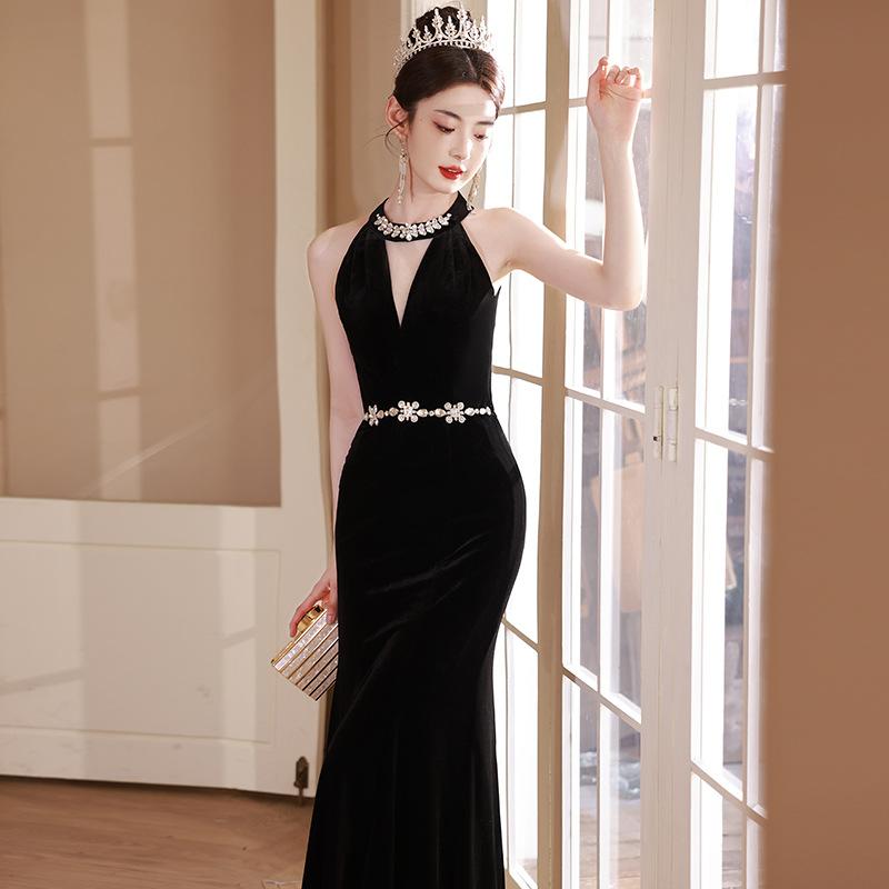 Black Evening Dress 1011 New Light Luxury Niche High-end Fishtail Advanced Sense Engagement Slim and Thin Host Skirt Girl