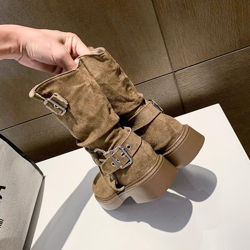 Krowia skóra licowa polerowane krótkie botki damskie klamra paska retro stare pojedyncze botki jesień i zima nowe okrągły nosek gruby średni obcas wsuwane botki damskie