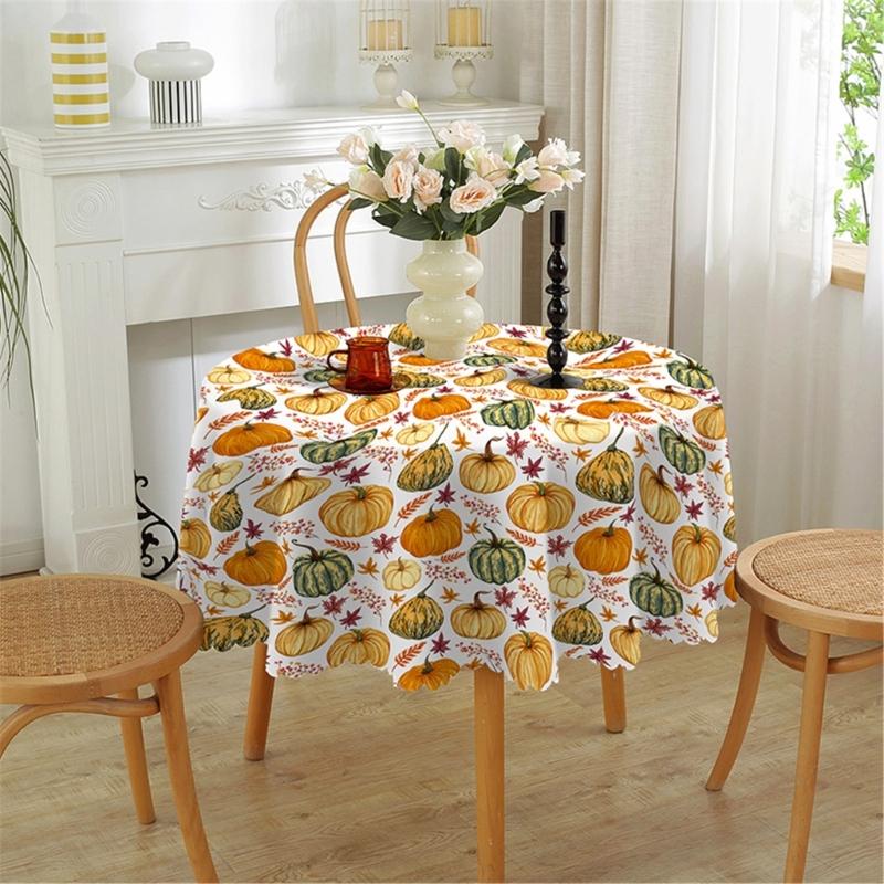 Table Cloth Autumn Leaves and Pumpkin Patterns Round Tablecloth 150cm for Thanksgiving Party Decoration