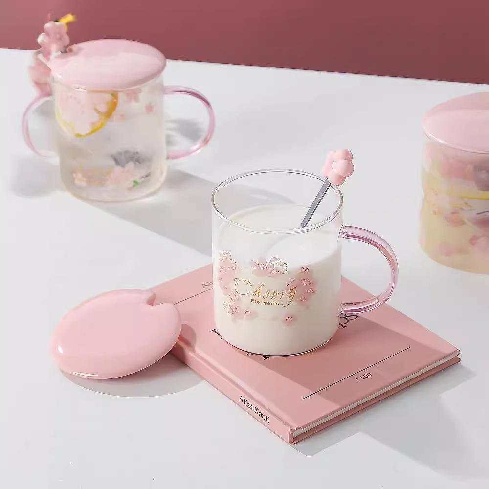 Summer Japanese Cherry Blossom Glass Cups for Girls High Appearance Level Household Water Cups High Temperature Resistant Large Capacity Milk Cups