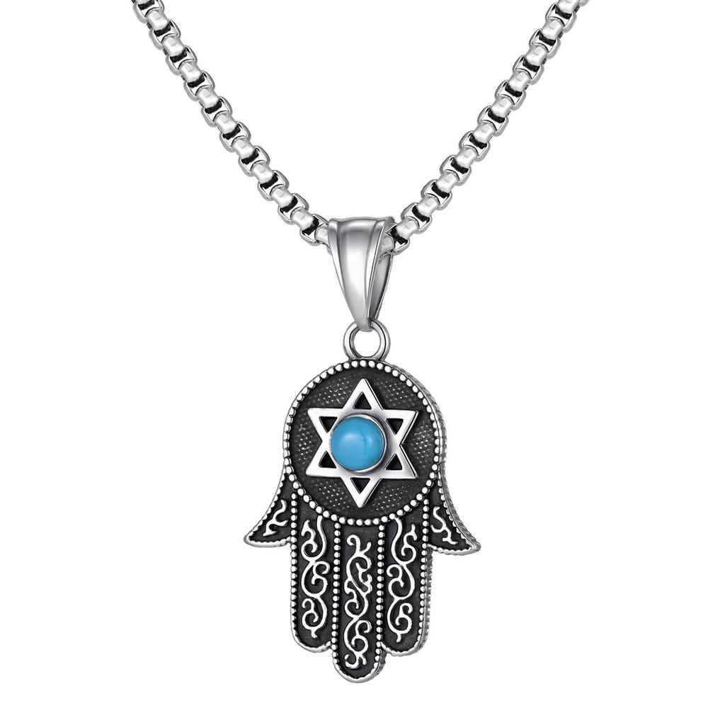 Edelstahl Hexagramm Türkis Fatima Hand Anhänger Halskette (PN-2232)