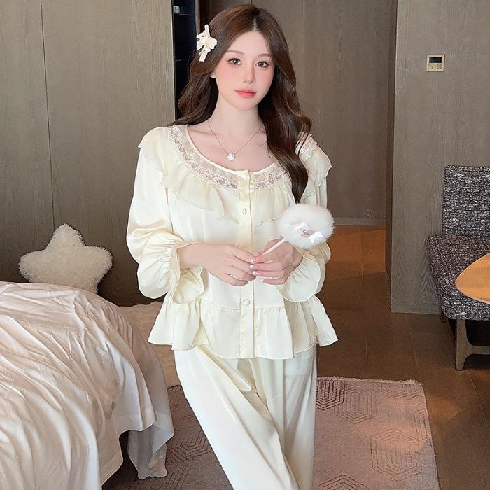 Pure desire wind sweet princess pajamas women's spring and autumn new ice silk French lace long-sleeved loungewear