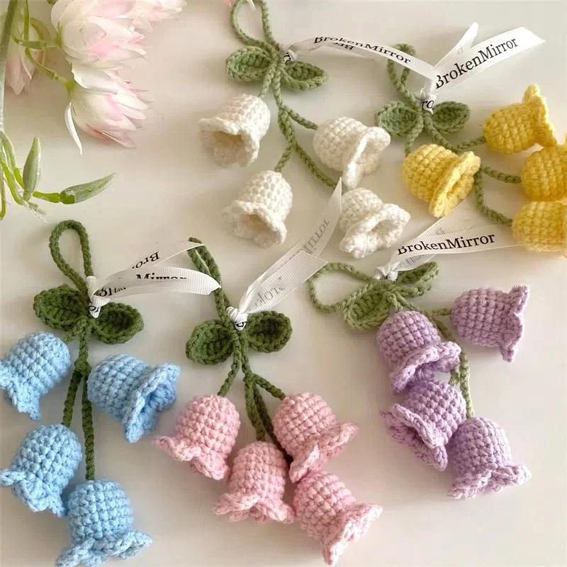 Crochet Flower Keychain Lily Of The Valley Orchid Pendants Car Hanging Decoration Wedding Gift for Guests Knitted Flower Gift