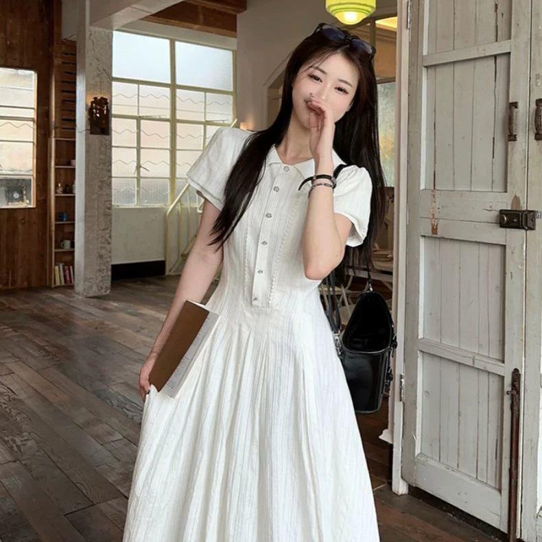 Women's Summer Puff Sleeve White Shirt Dress - College Style, Waist-Cinching, Sweet & Slim Fit
