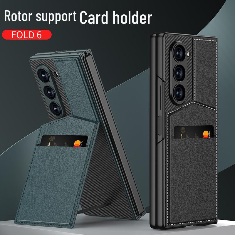 Samsung Z Fold 6 Card Holder Stand Case - Premium Leather with Film Integrated Protection