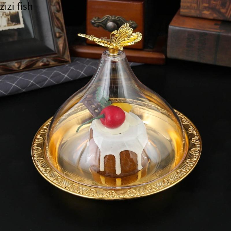 Golden Fruit Plate Acrylic Cover Cake Stand Dried Fruit Platter Pastry Plate Dessert Bowl Snack Bowl Storage Tray Bread Plates