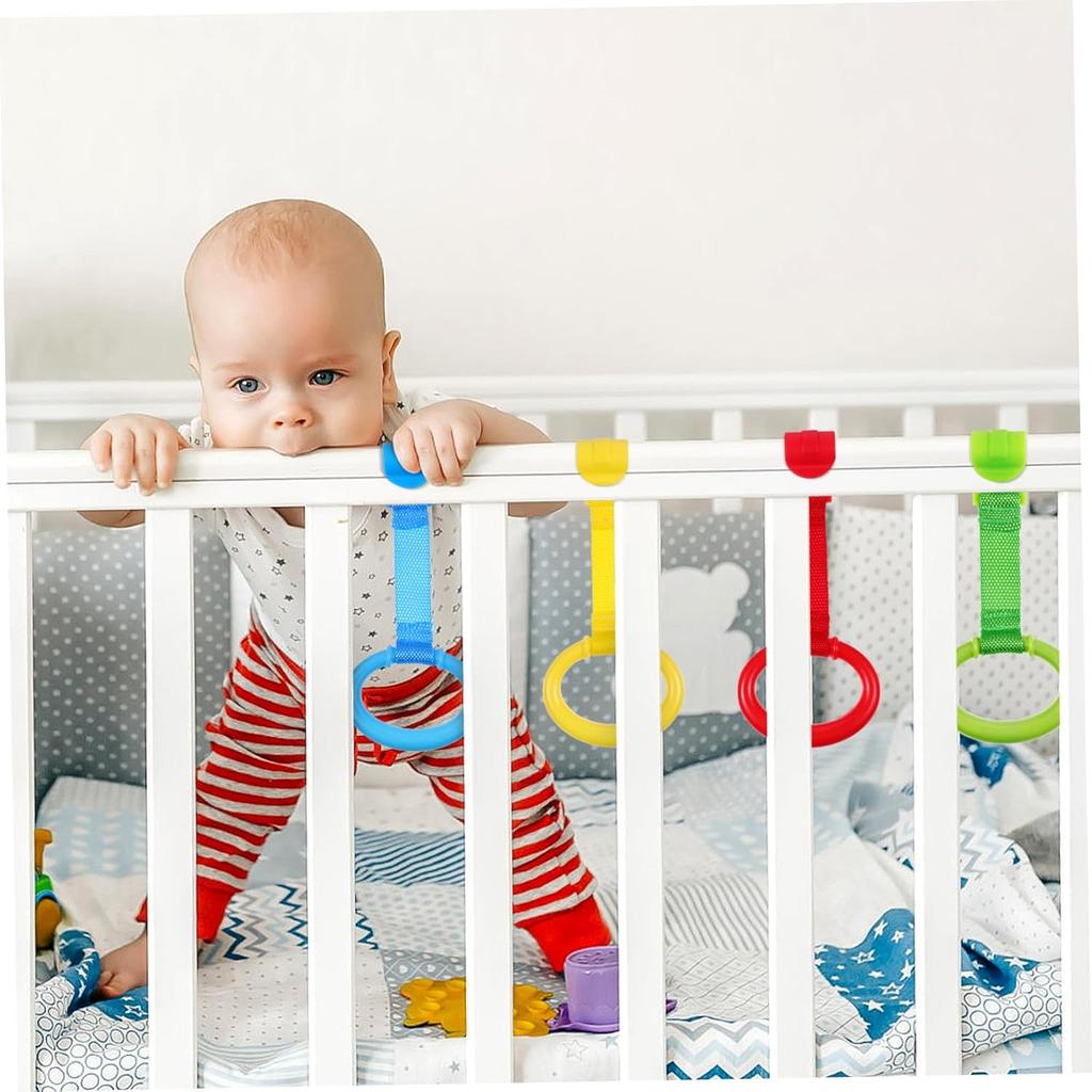 4pcs Pull Rings Baby Cot Hanging Rings Baby Bed Stand Up Rings Walking Assistant Stand Up Rings Learning Standing Crib Hanging Ring for Strollers,