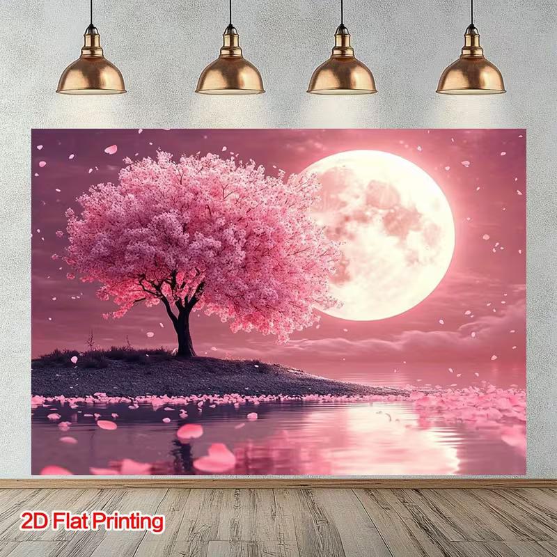 2D Romantic Cherry Blossom Moon Backdrop for Photography & Wall Decor