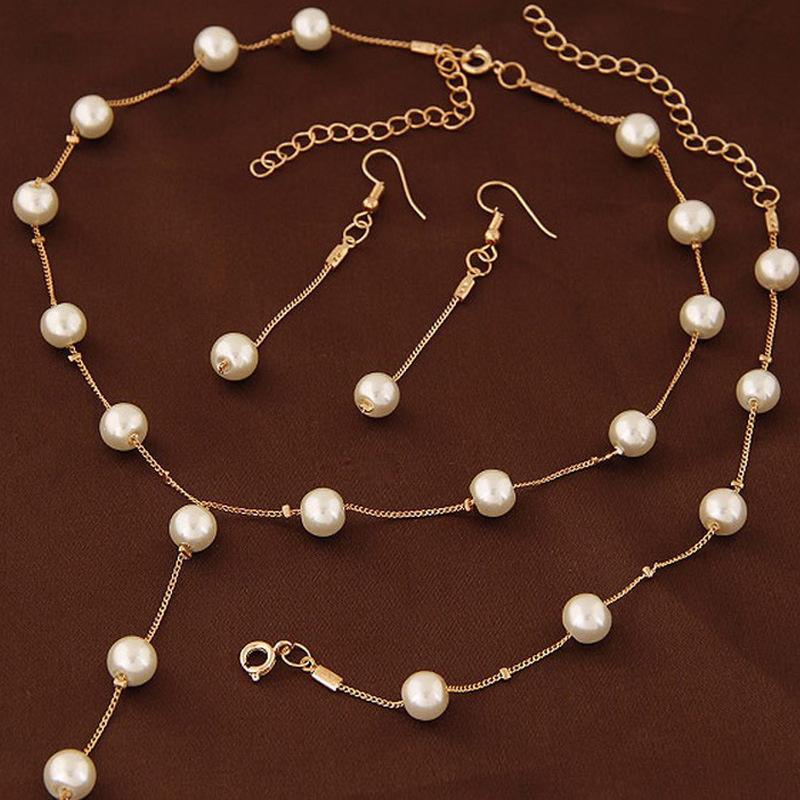 Bridal Wedding Jewelry Set Women Simulated Pearl Tassel Earrings +Necklace+Bracelet Party Beads  Accessories Gift
