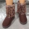 Round Head Suede Casual Women's Small Leather Boots 2025 Summer and Autumn New Fashion Sleeve Fringed Boots Thick High School Heel Women's Shoes