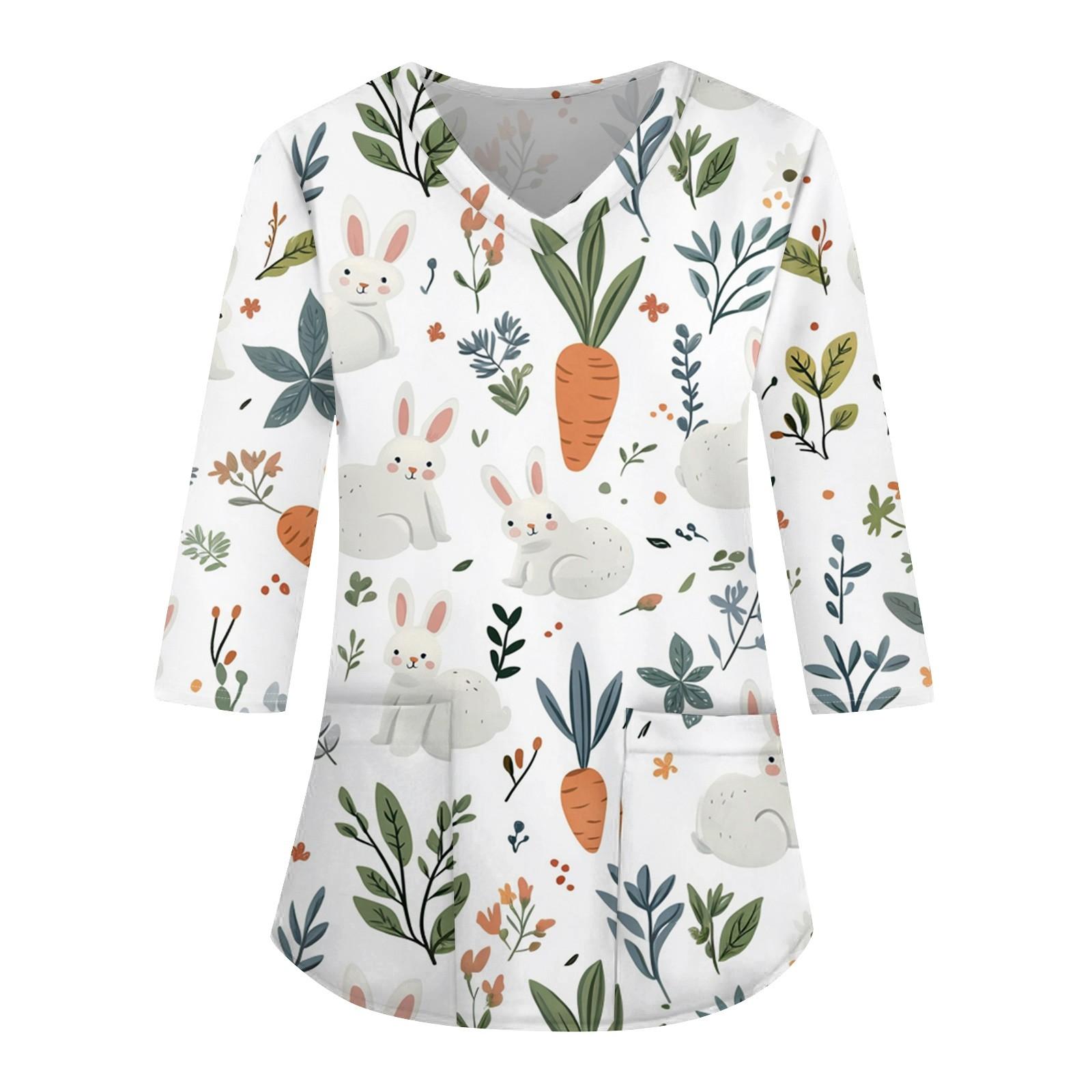 

Модная женская рабочая одежда с v-образным вырезом и рукавами 3/4, свободные топы с карманами и принтом XL белый