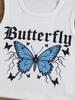 Two-piece girls' outdoor casual vacation set: sleeveless cropped tank top with butterfly design and comfortable, simple lace denim shorts.