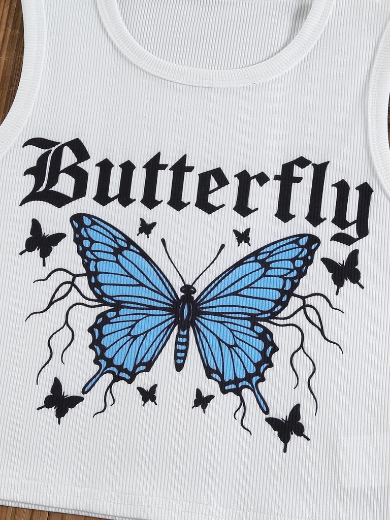 Two-piece girls' outdoor casual vacation set: sleeveless cropped tank top with butterfly design and comfortable, simple lace denim shorts.