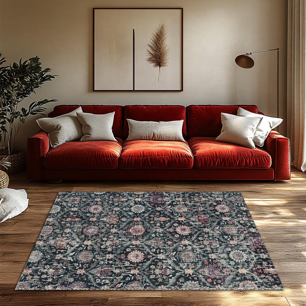 Navy Blue Floral Bohemian Rug, Purple Pink Pattern Non-Slip Carpet, Cozy Living Room Mat for Home Decor