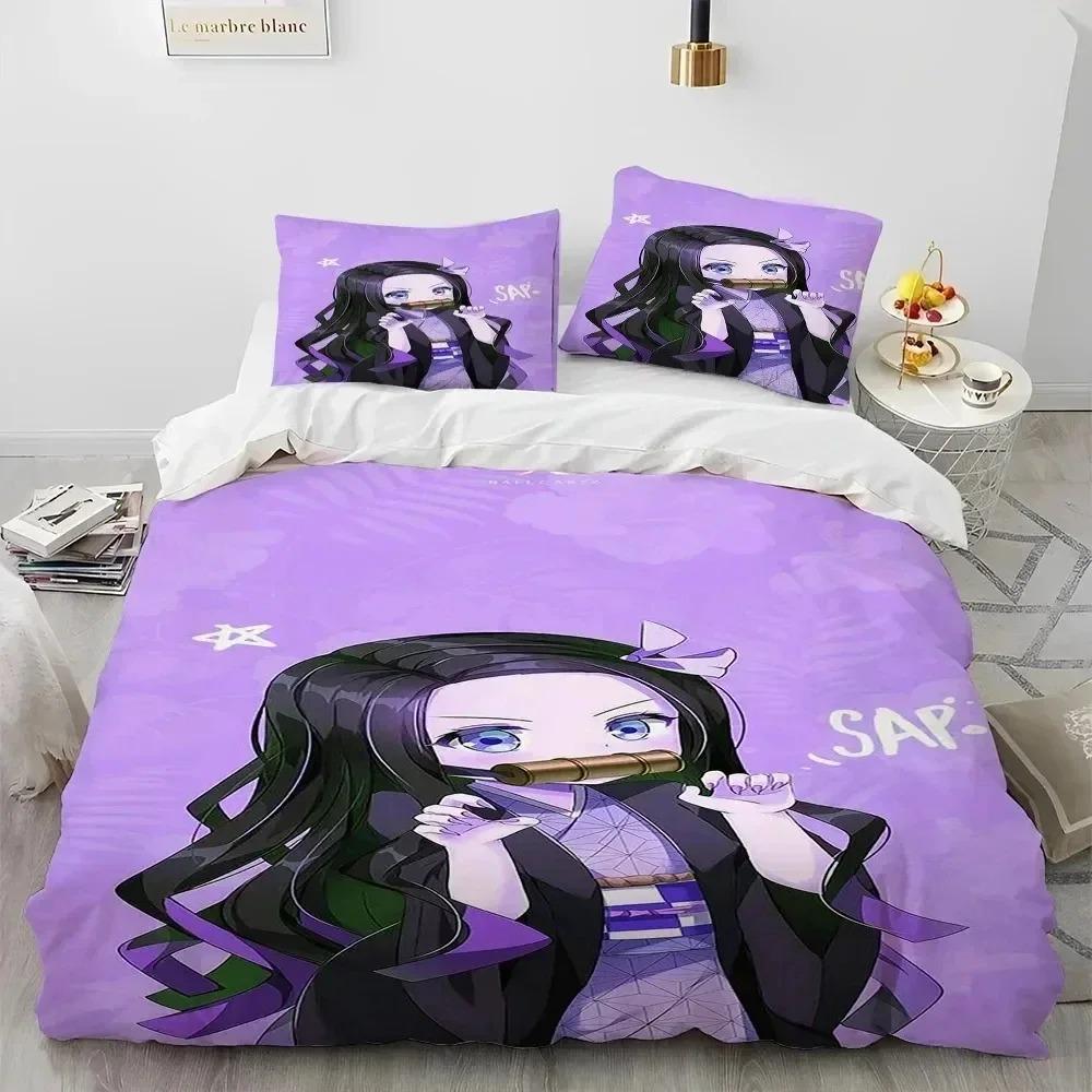Conjunto de Roupa de Cama Dupla Infantil com Capa de Edredom e Fronhas do Anime Demon Slayer - Venda Quente 3D - Decoração de Quarto de Casa - Presente para Meninos Meninas