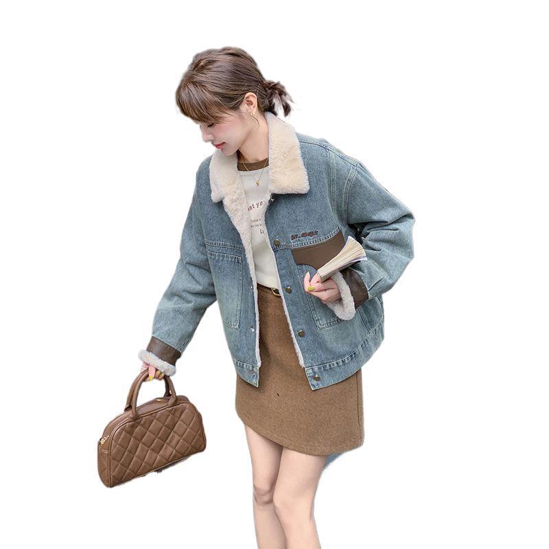 2025 Women's Winter Short Denim Jacket with Velvet and Lambswool