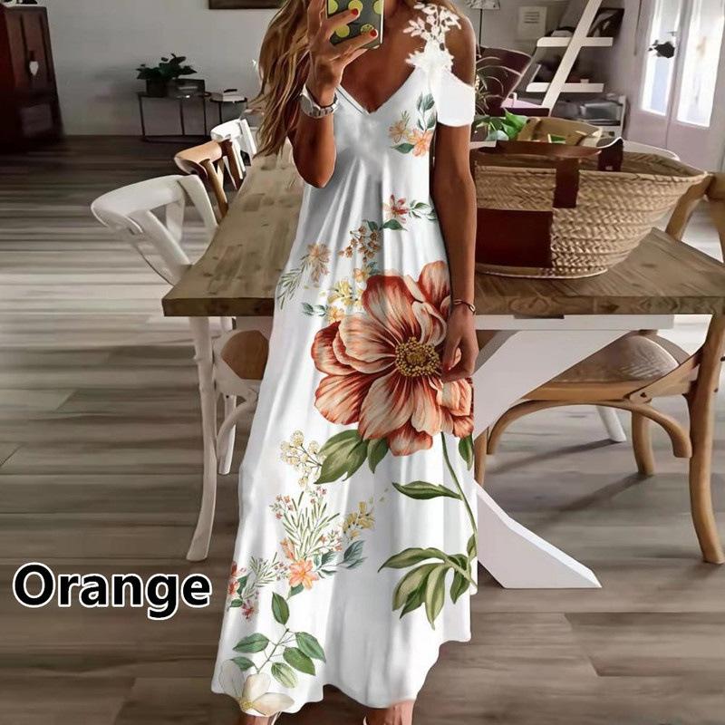 Women's Fashion Summer Print V-Neck Off Shoulder Short Sleeve Splicing Lace Dress