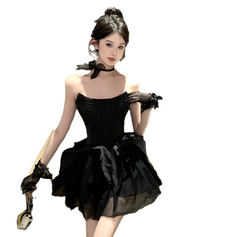 2025 Fashion New Women's Clothing Sweet and Spicy Fish Bone Tube Top Splicing Mesh Waist Skirt