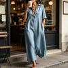 Summer Cotton Linen Dress for Women, Casual Loose Short Sleeve Long Dress, Button Up Lapel V Neck Flowy Maxi Dress