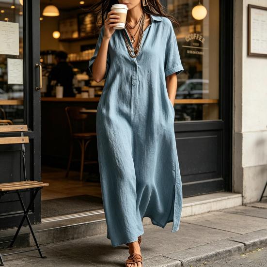 Summer Cotton Linen Dress for Women, Casual Loose Short Sleeve Long Dress, Button Up Lapel V Neck Flowy Maxi Dress