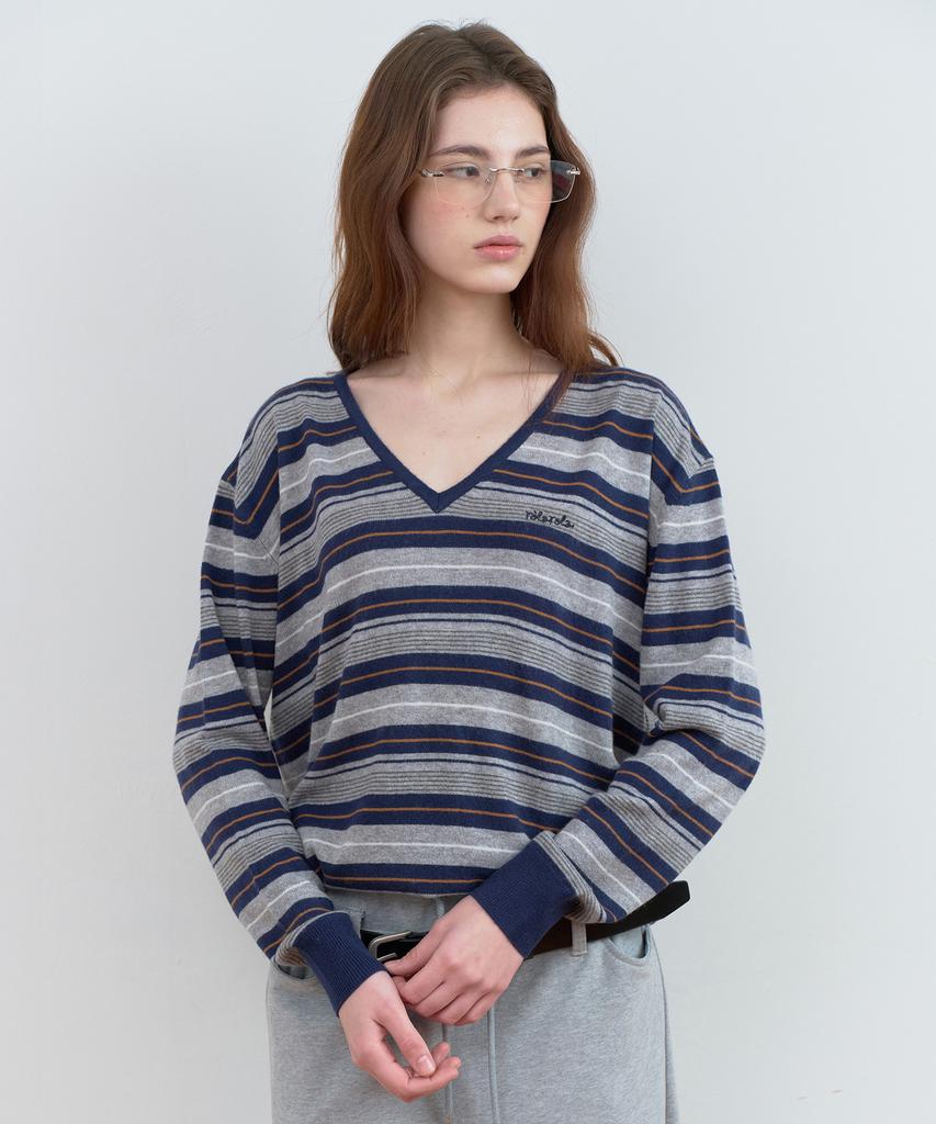 ROLAROLA Stripe V Neck Knit Navy