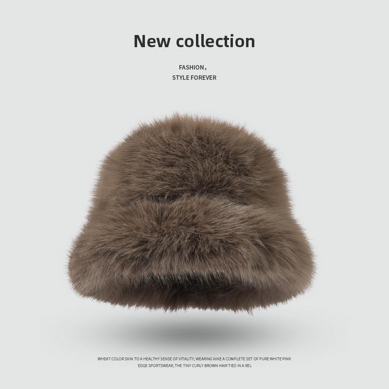 Womens Faux Fox Fur Winter Warm Hat With Wide Brim Ear Protection Solid Color Plush Cap In Multiple Shades