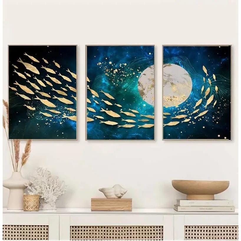 Painting Big Blue Poster Print Luxurious Wall Art For Living Room Aisle Gold Tableaux Picture Abstract Gold Fish Chinese Canvas