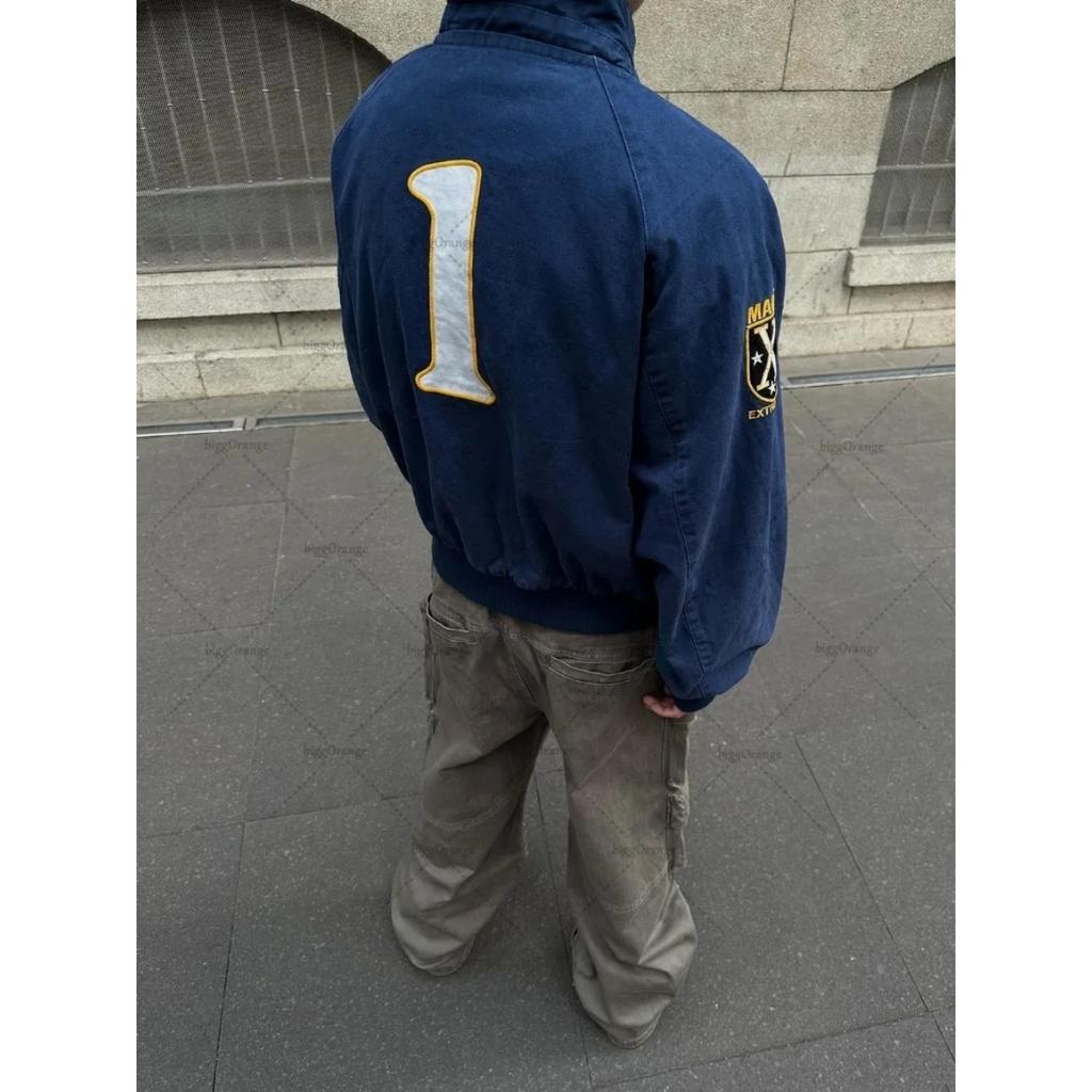 RogueWave American Retro Vintage Embroidered Trendy Zipper Jacket Men Hip Hop Lapel Bomber Jacket Y2K Streetwear Loose Casual Coats