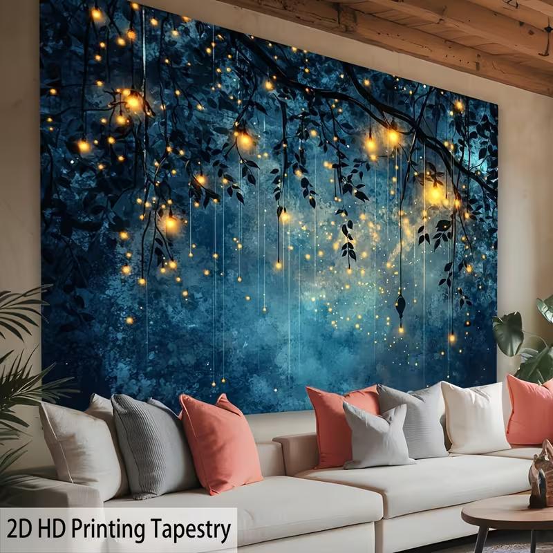 2D Starry Night Tree Tapestry, Magical Blue Background with Hanging Lights for Bedroom