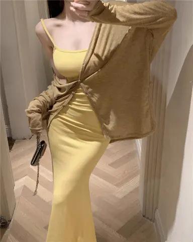 Show Figure, Waist Temperament, Hip Skirt, Suspender Dress, Summer Solid Color Tight Fishtail Dress