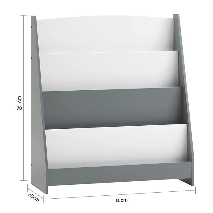 GINGER HOME – Bibliothèque enfant 4 étagères, design trapèze, MDF blanc/gris, 61 x 30 x 70 cm