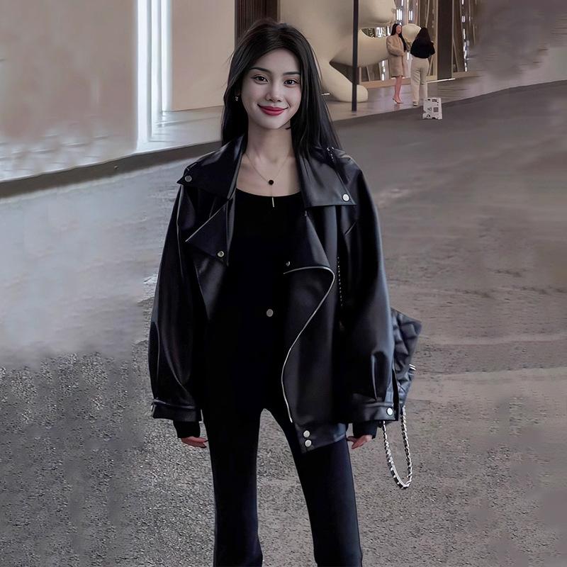 Women's Black Leather Jacket - 2024 Spring/Autumn Motorcycle Style, Petite & Plus Sizes, Korean Casual Fit