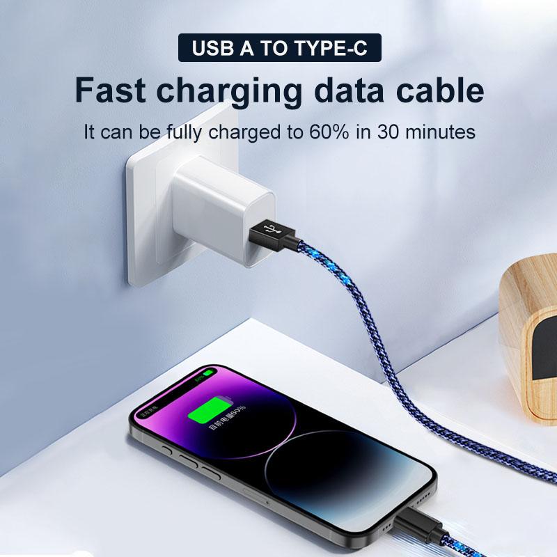 2.4A Type C Data Cable Fast Charging Cord Nylon Braided USB C Charger Wire for 16 15 Pro Max Smasung Huawei Line
