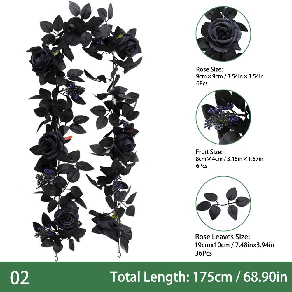 Artificial Black Rose Vine Lifelike Simulated Rattan Fake Leaves Gothic Halloween Garland Home Party Scene Halloween Decorations